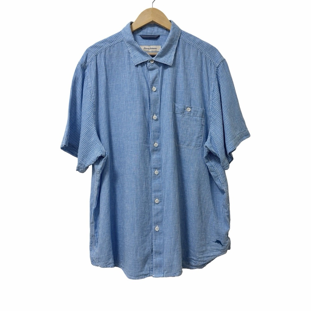 Tommy Bahama Mens Gingham Grove Linen Blend Button Up Shirt Size XXL Blue Resort